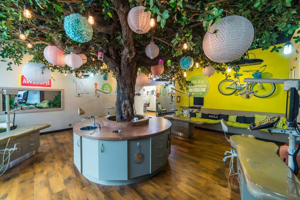 Hill Country Pediatric Dentistry and orthodontics Dental  office patient treatment area over view with the big tree in the center of the room cabinets around the tree trunk base, yellow wall with real pair of bicycle hanging from it