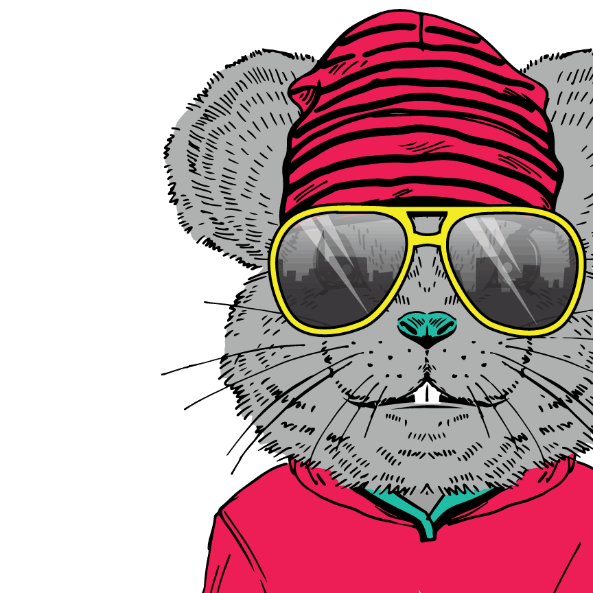 Hill Country Pediatric Dentistry and orthodontics Dental animated character mouse wearing hot pink colored sweatshirt, hot pink with black stripes hat and big bright yellow sunglasses